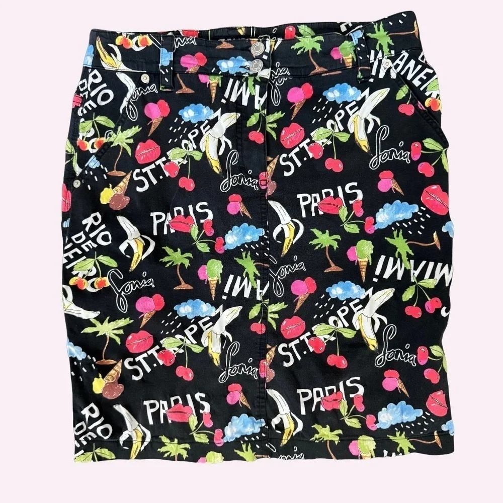 Gorgeous Vintage 90s Sonia Rykiel Fruit Print Mini Skirt 90s Cotton Sz 42